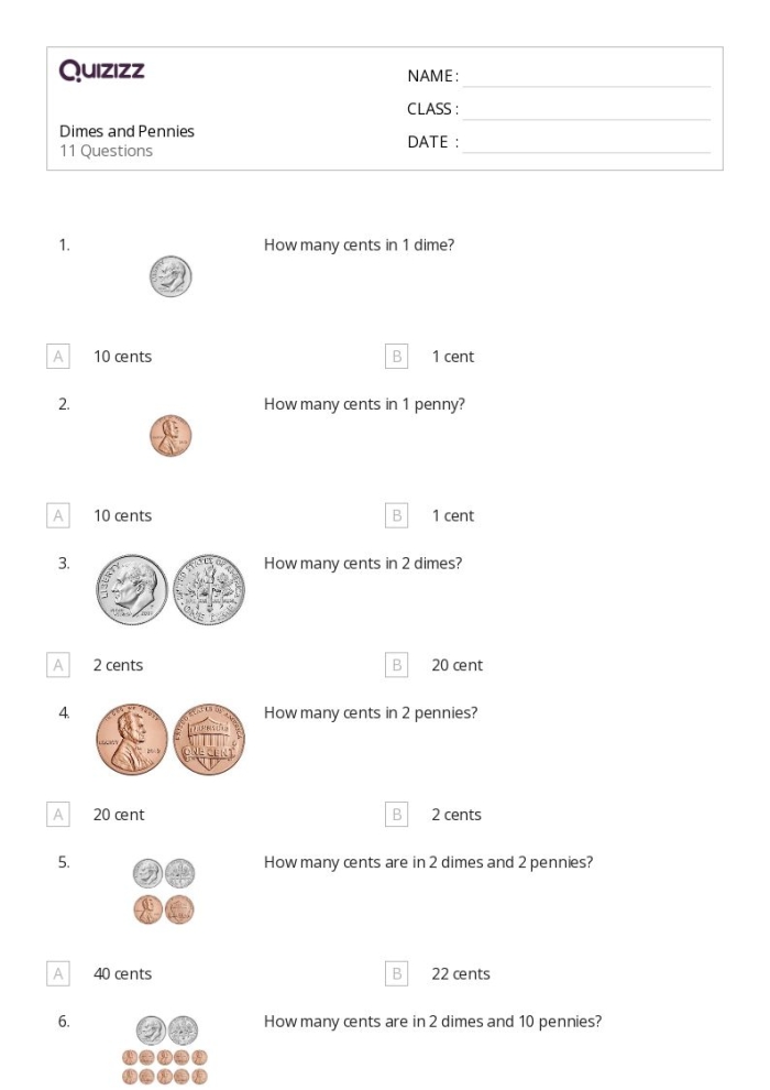 Second grade math worksheet explaining the value of a dime for place value practice