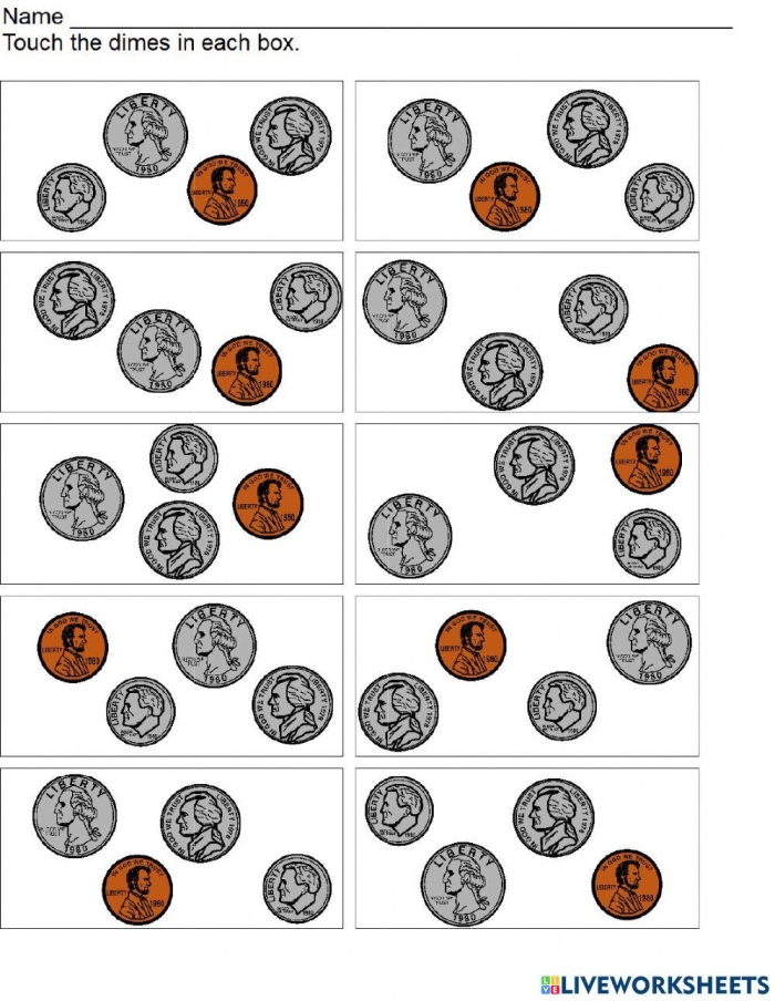 Second grade math worksheet featuring activities to learn about the value of a dime