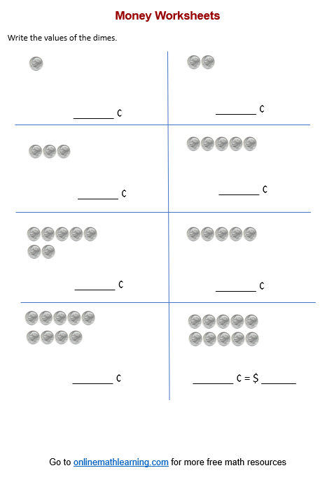 Worksheet for second graders to learn about dimes and their value