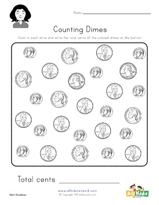 Worksheet for second graders to learn about dimes and their value