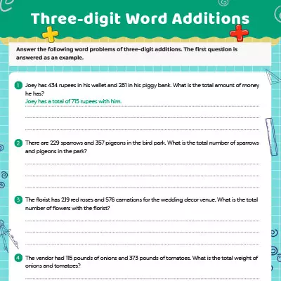Colorful worksheet featuring 3-digit addition word problems with dinosaurs for second graders