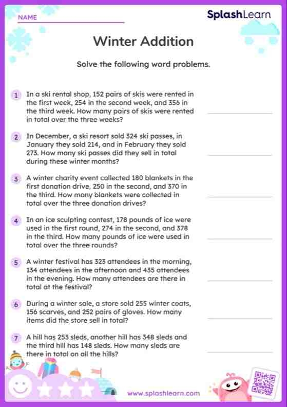 Worksheet featuring 3-digit addition word problems with dinosaurs for second graders