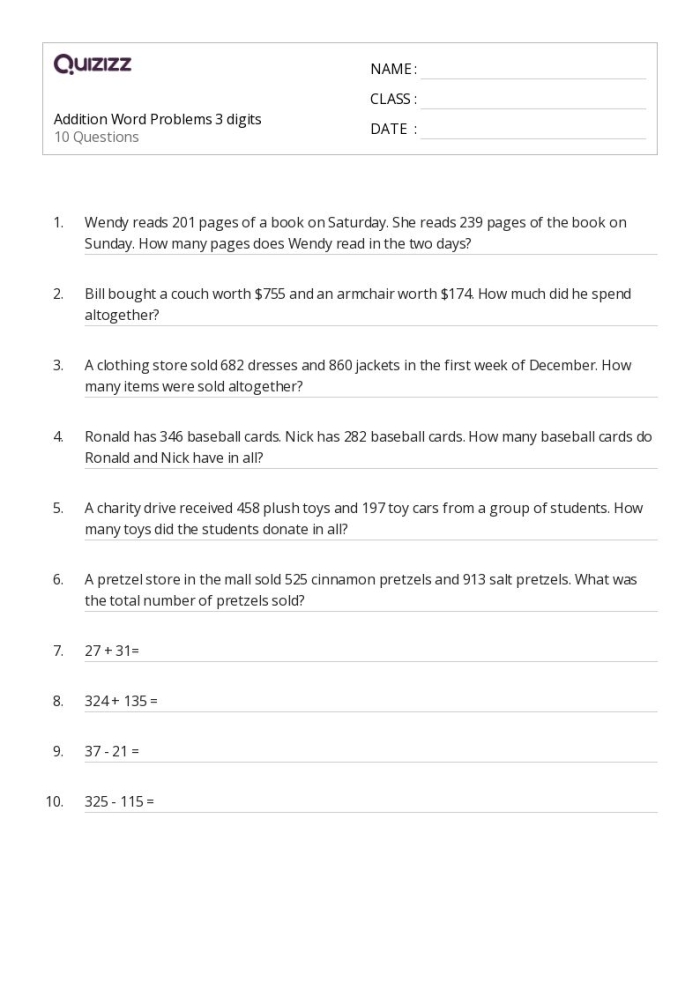 3-Digit addition word problems featuring dinosaurs for second graders