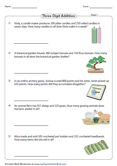Worksheet featuring 3-digit addition word problems with dinosaurs for second graders