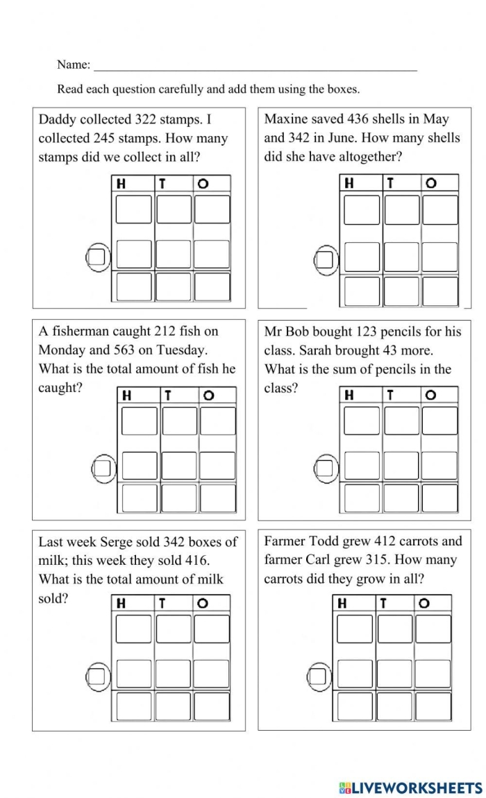 Worksheet featuring engaging 3-digit addition word problems with dinosaurs for second graders
