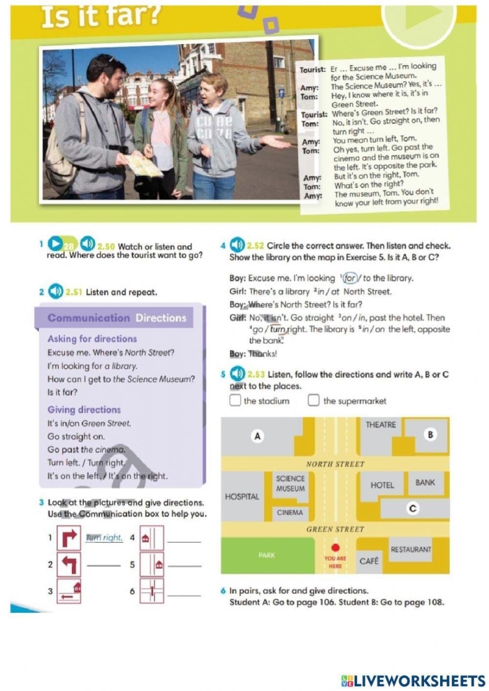 Practice Giving Directions worksheet for second graders in geometry Students providing step-by-step directions on a worksheet to help Joyce navigate to the fair