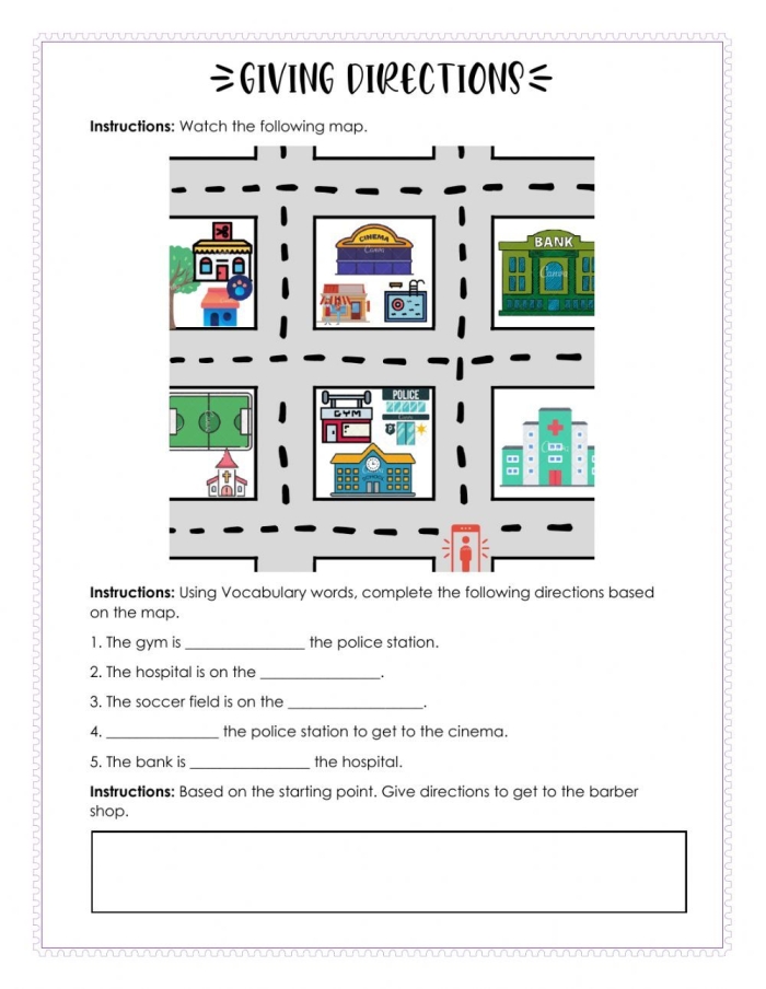 Geometry worksheet for Second Grade Students working on a Practice Giving Directions worksheet to guide Joyce to the fair. Engaging second-grade geometry activity focused on directional skills.