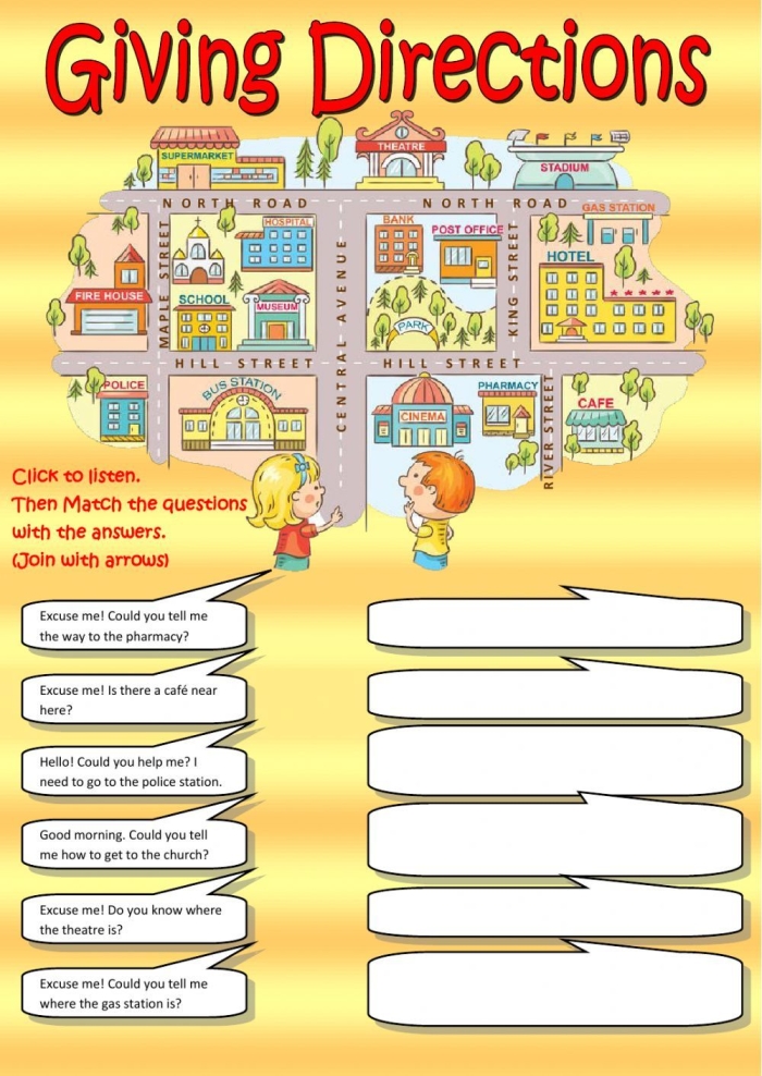 Image title for a second-grade geometry practice worksheet on giving directions ALT text for a worksheet guiding students in giving directions to help Joyce reach the fair