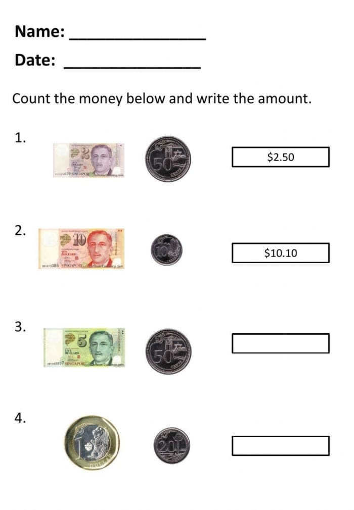 Second grade student practicing addition with the Dollars and Cents How Much worksheet