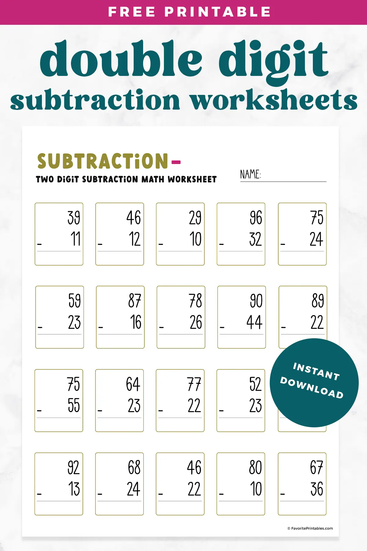 Second grade math worksheet featuring mixed double-digit addition and subtraction problems