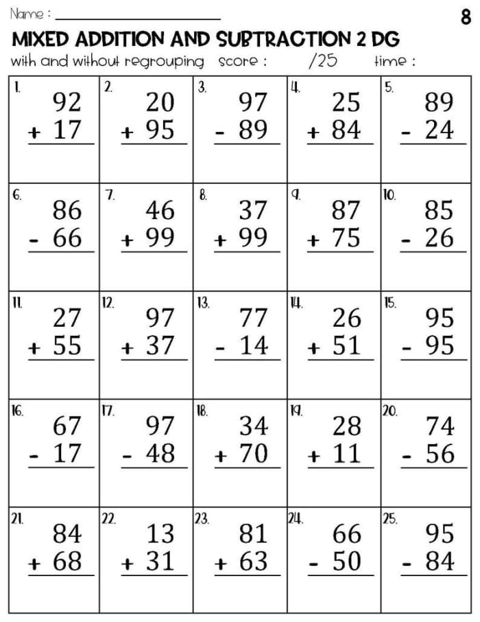 Second grade math worksheet featuring practice problems for double-digit addition and subtraction