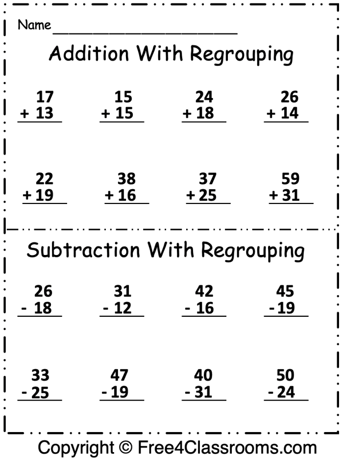 Second grade math worksheet featuring double-digit addition and subtraction practice problems