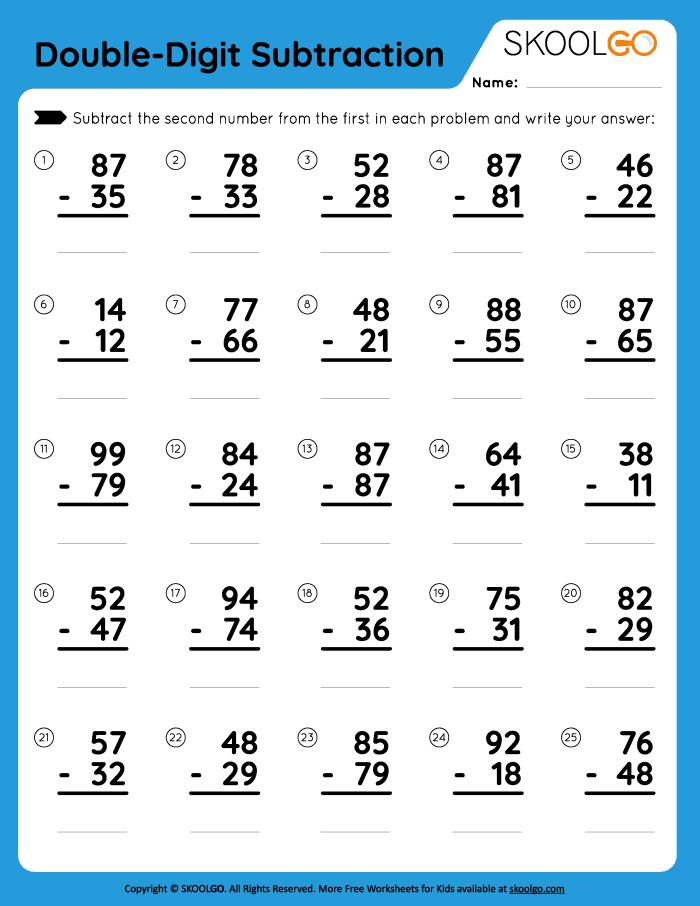 Second grade student completing a double-digit addition and subtraction math worksheet
