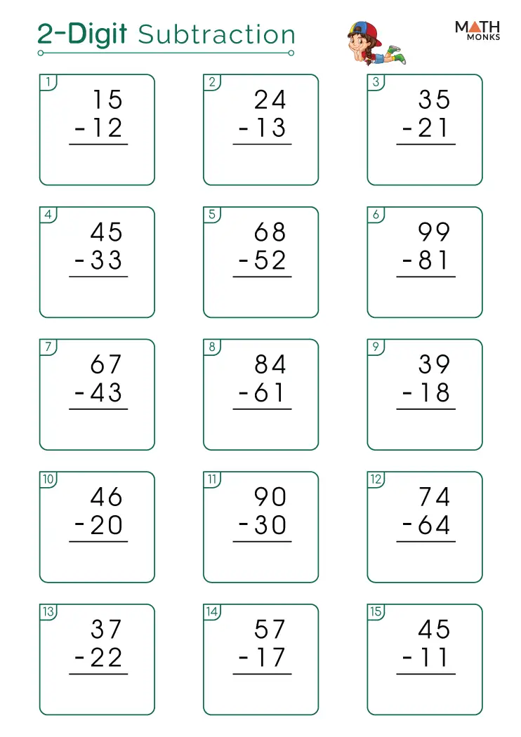Second grade math worksheet featuring double-digit addition and subtraction practice problems