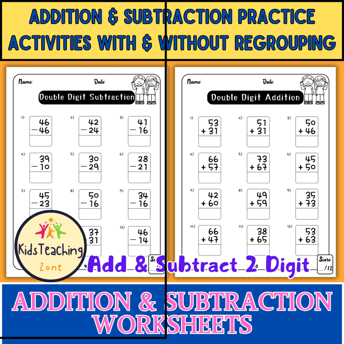 Second grade student solving a double-digit addition and subtraction practice worksheet