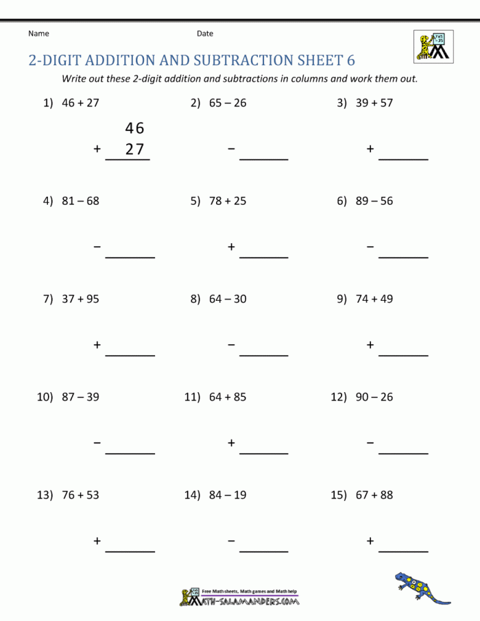 Second grade student worksheet featuring double-digit addition and subtraction practice problems