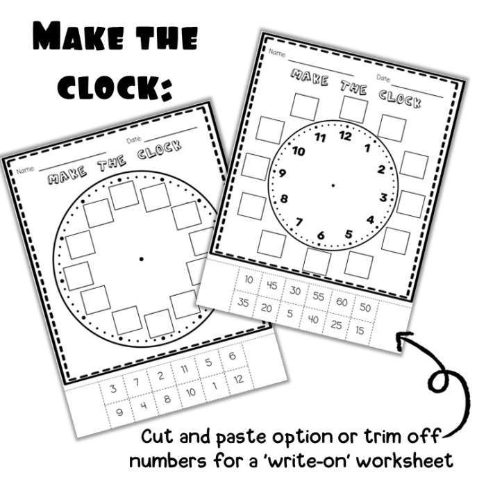 Second grade student worksheet for practicing telling time by drawing hands on clocks at five minute intervals