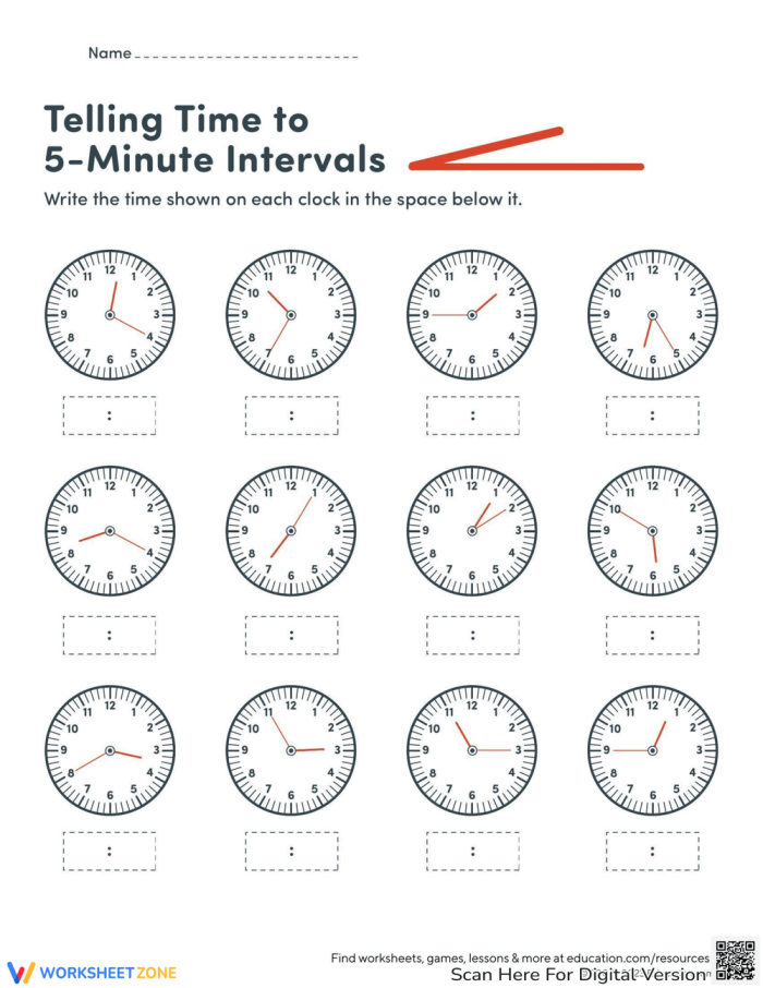 Second grade math worksheet showing clocks for students to draw time hands at five minute intervals