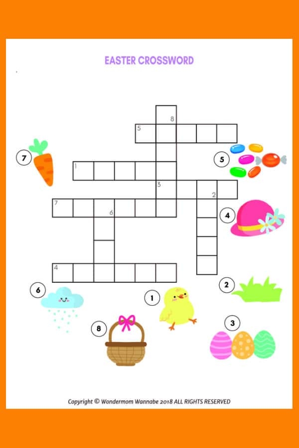 A second grade student completing a colorful Easter-themed crossword puzzle with spring holiday vocabulary words and helpful hints