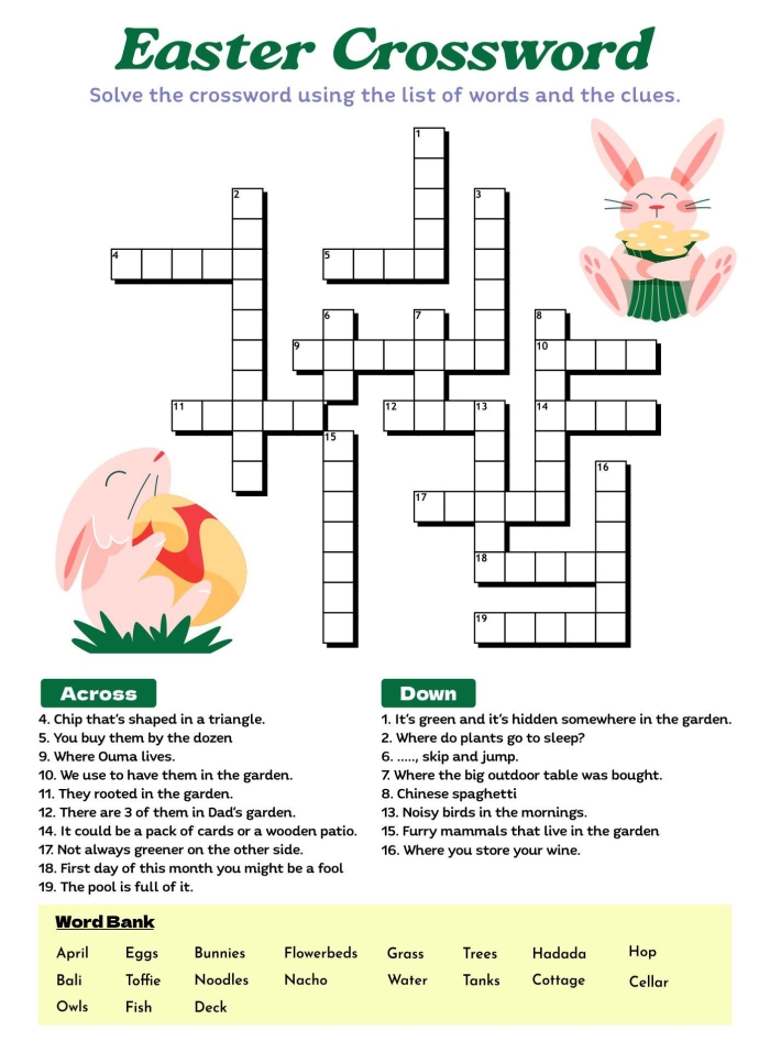 Second grade students solving an Easter-themed crossword puzzle worksheet with spring holiday vocabulary