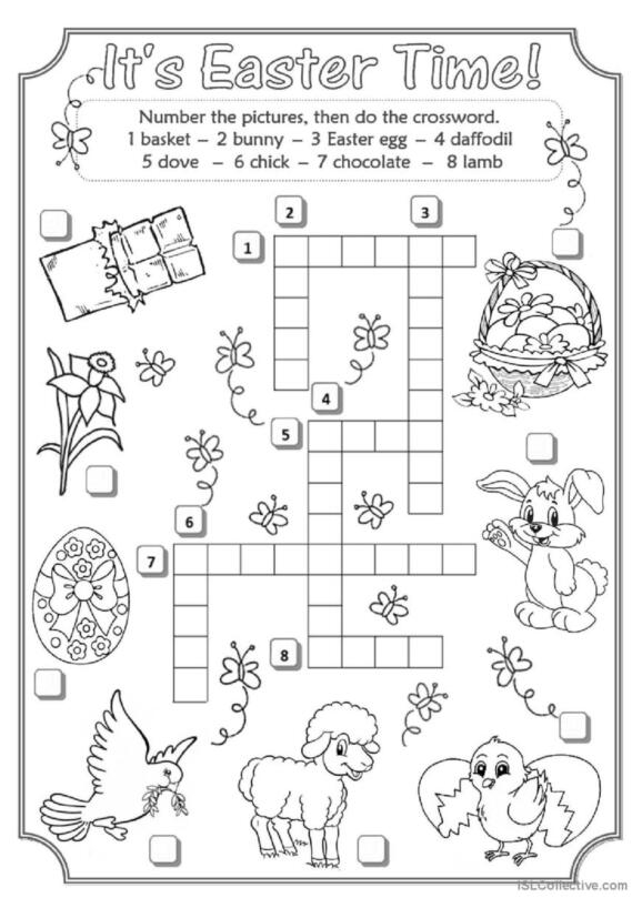 Second grade students solving an Easter-themed crossword puzzle worksheet with spring holiday vocabulary