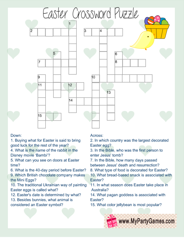 Easter Crossword puzzle worksheet for second grade geometry with spring holiday themed clues and answers