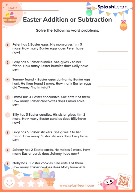 Second grade student solving Easter math word problems on a printable worksheet