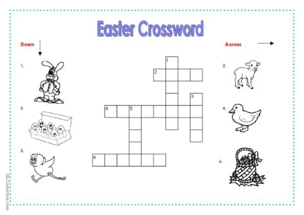 Second grade Easter crossword puzzle worksheet with spring holiday vocabulary
