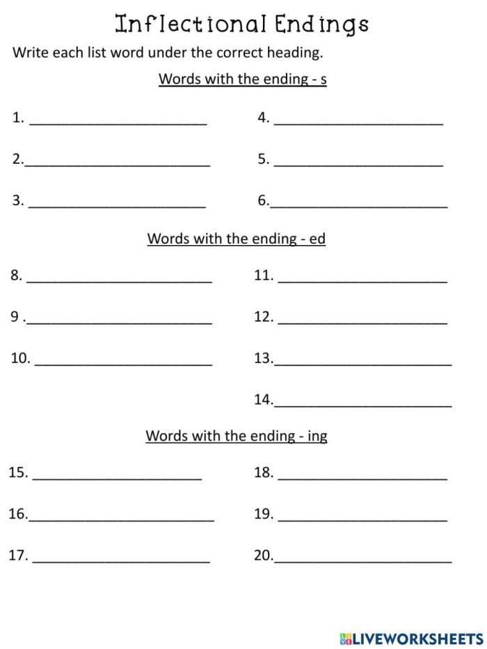 Worksheet featuring -ed and -ing verb endings for second graders