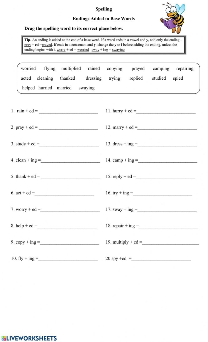 Worksheet featuring -ed and -ing verb endings for second graders