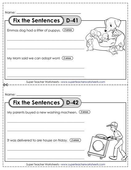 A second grade student worksheet showing sentences about an ice cream shop with errors that need to be corrected for capitalization and punctuation