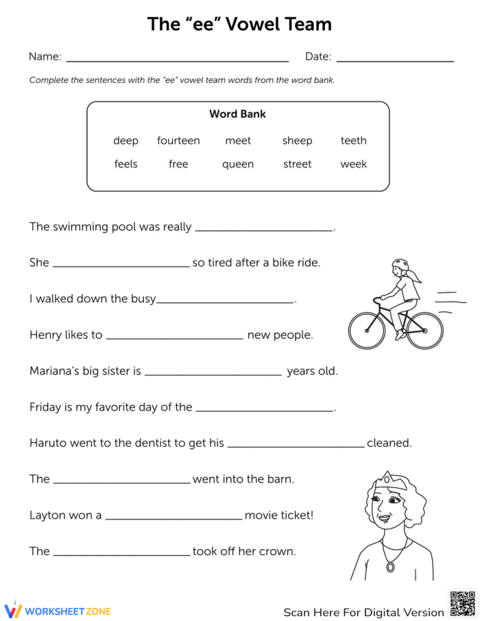Worksheet featuring the "ee" vowel team for second graders to enhance their vocabulary skills. Educational resource for practicing "ee" words with context clues and a word bank.