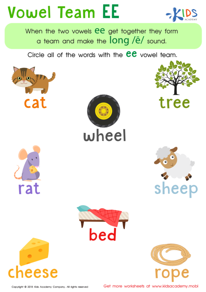 Second grade students completing a worksheet focused on the ee vowel team using context clues and a word bank