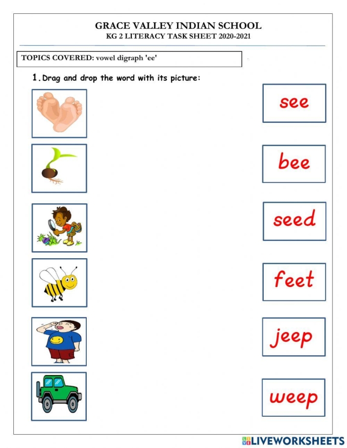 Second grade student completing an educational worksheet focusing on the ee vowel team word family