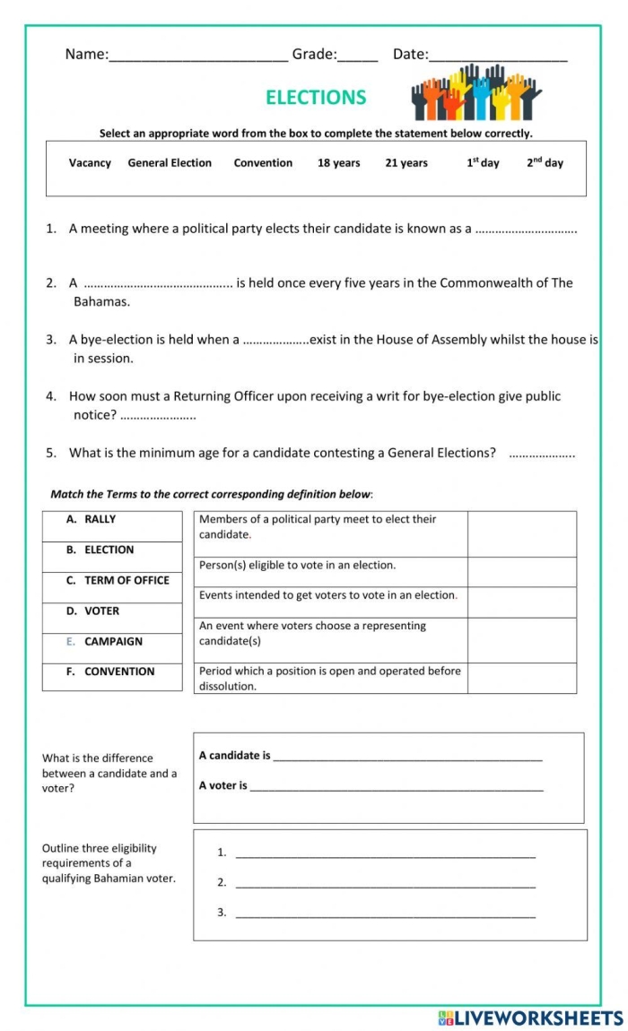 What Is an Election Learning Activity for Young Students Second grade civics worksheet teaching students about elections and voting with colorful illustrations and simple text activities