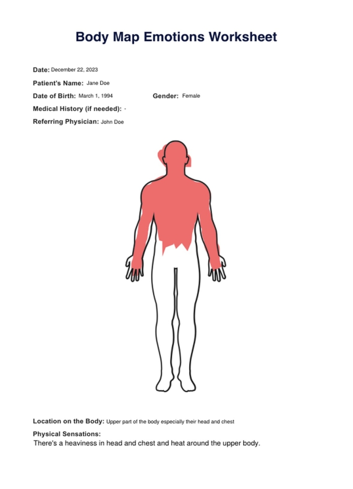 Emotions Body Map Activity for Second Grade Students to Identify Feelings in Different Body Parts A second grade student's emotions body map worksheet showing a human figure outline with different colored sections indicating where various feelings are experienced in the body