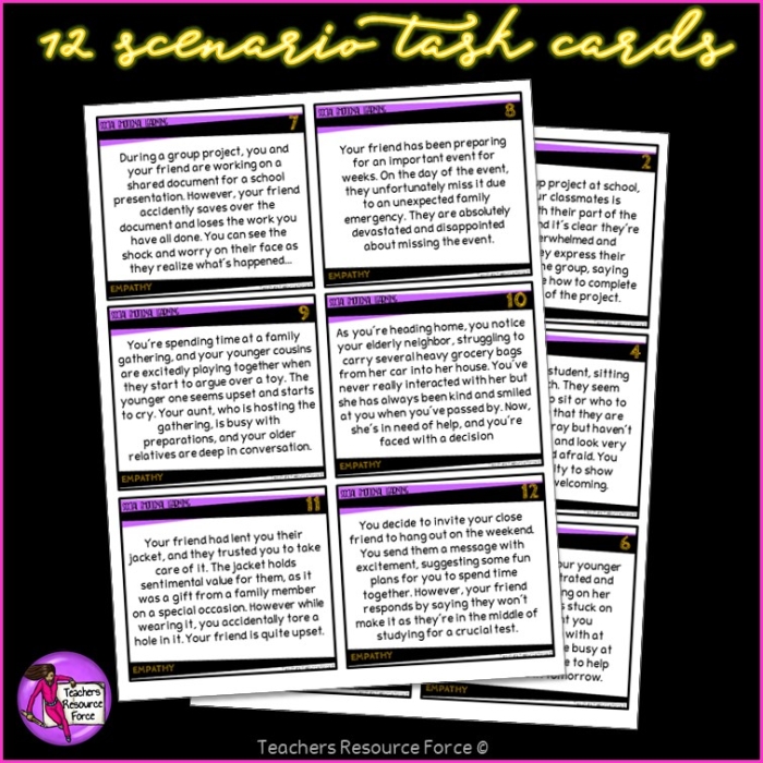 Empathy Scenarios worksheet for second graders illustrating various situations to foster emotional understanding