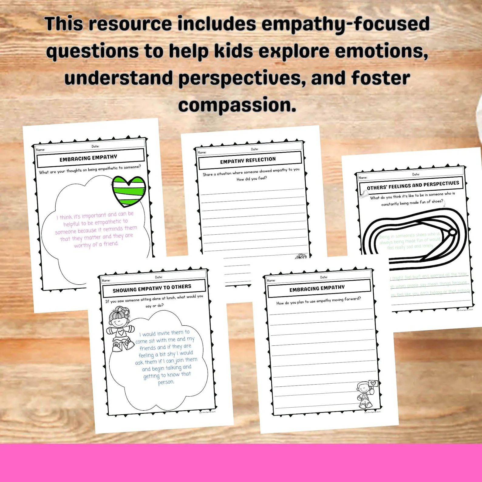 Empathy Scenarios worksheet for second graders featuring four fictional character scenarios. Engaging reading activity to promote social emotional learning.