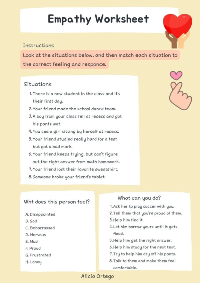 Empathy Scenarios worksheet for second graders featuring fictional characters and discussion prompts
