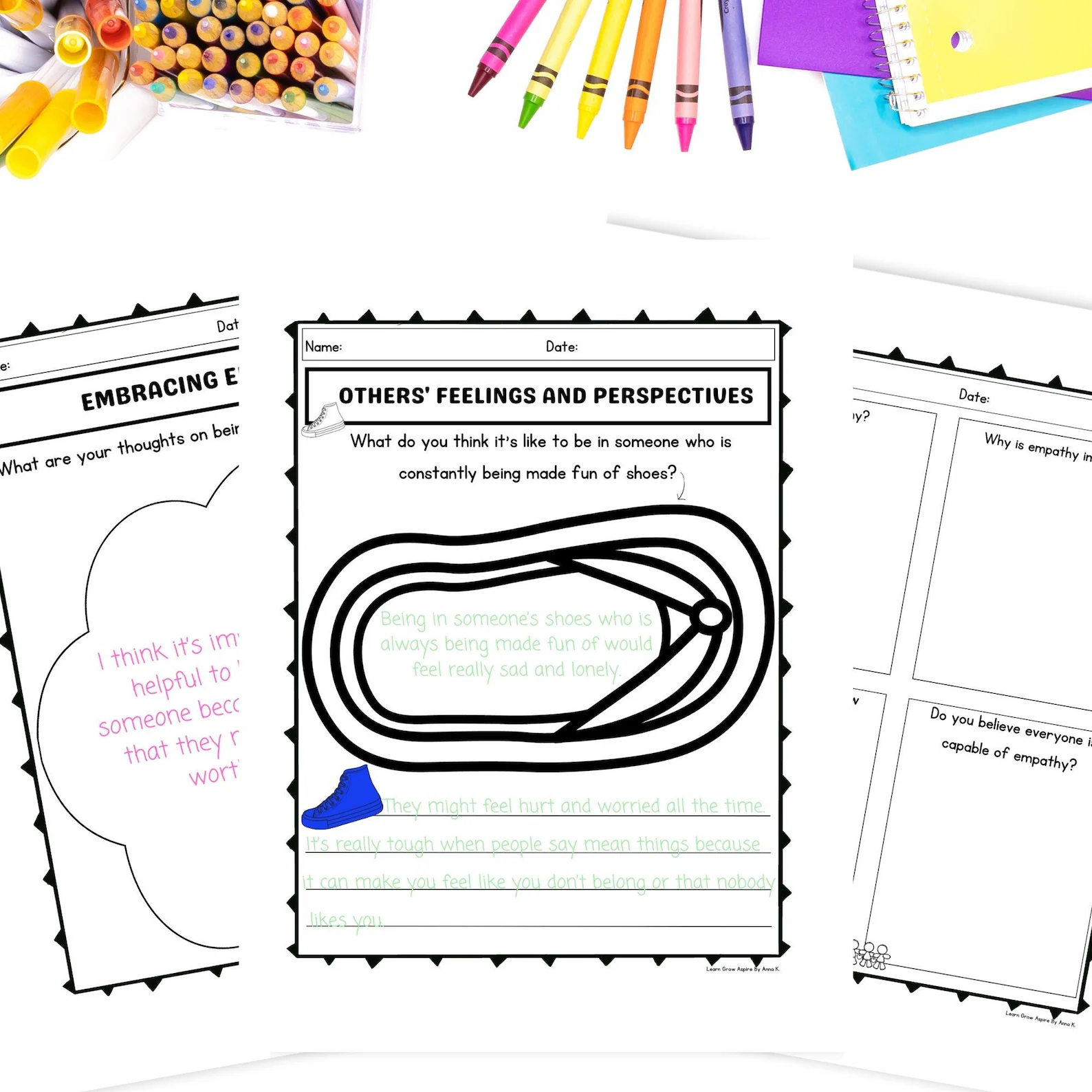 Second graders engaging with the Empathy Scenarios worksheet, exploring feelings through fictional situations