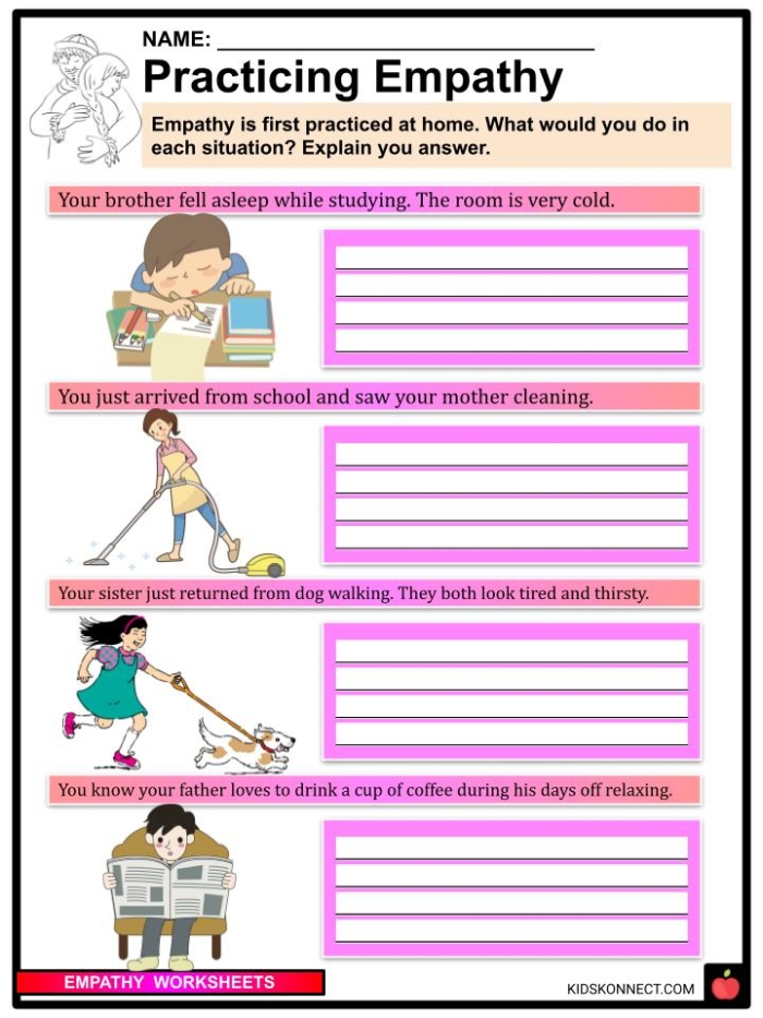 Empathy Scenarios worksheet for second graders focusing on social emotional learning