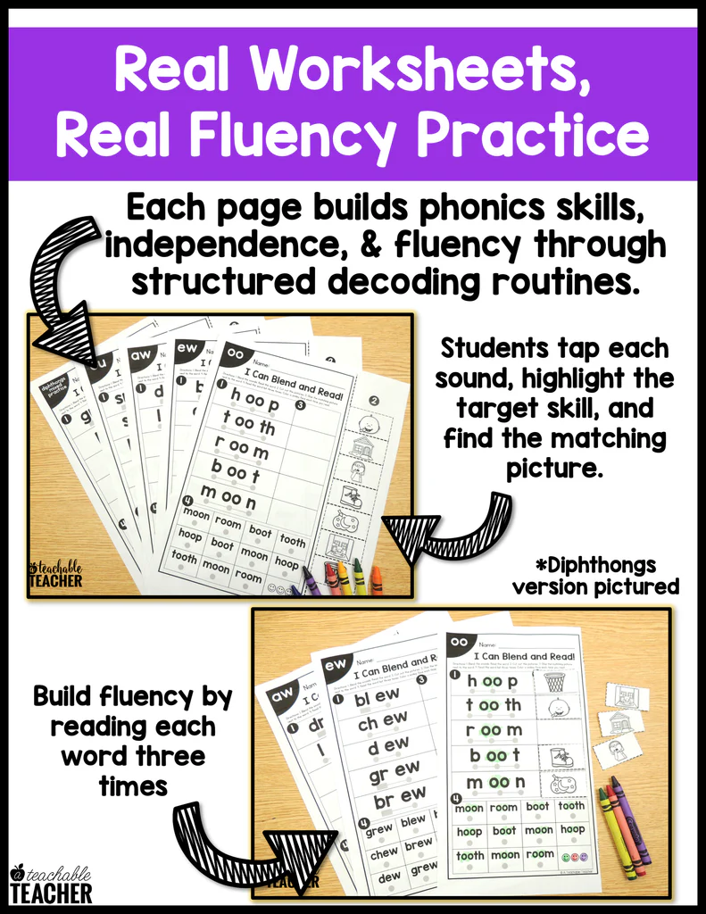 Worksheet for practicing reading "ew" vowel diphthongs for second graders