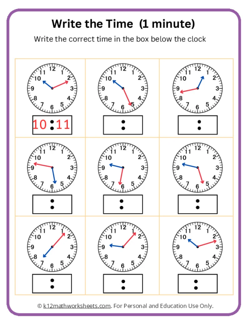 Worksheet for telling time to five-minute intervals with clock illustrations