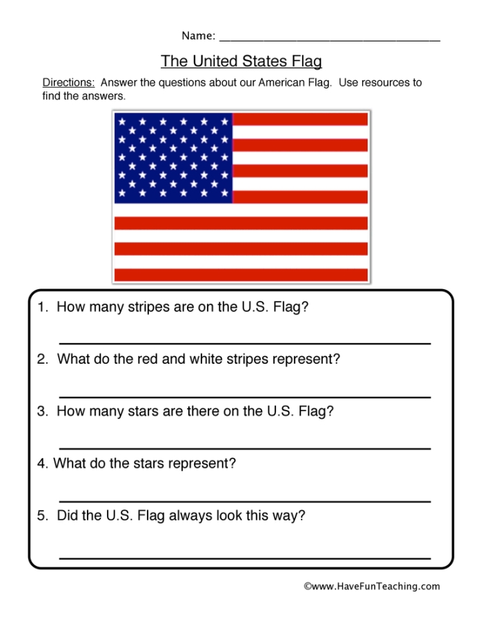 A colorful worksheet about the United States Flag for second graders to explore. Educational graphic illustrating facts and locations where the U.S. flag is displayed.