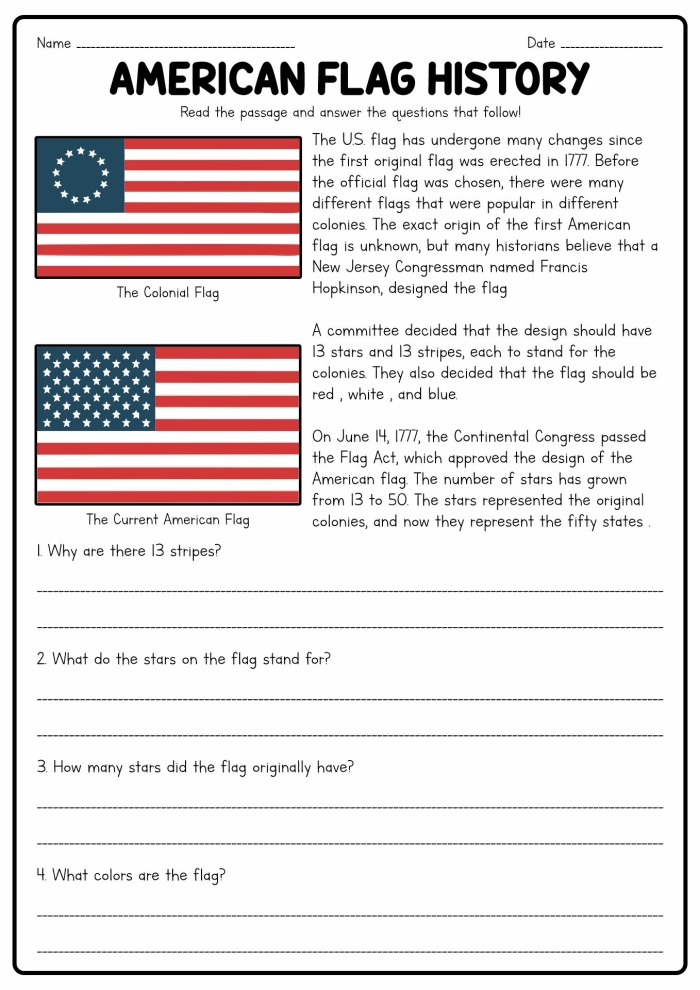 Worksheet featuring the United States Flag, showcasing its significance and locations. Educational resource for second graders exploring U.S. flag facts.