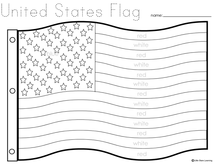 Worksheet featuring the United States Flag with facts and waving locations for second graders