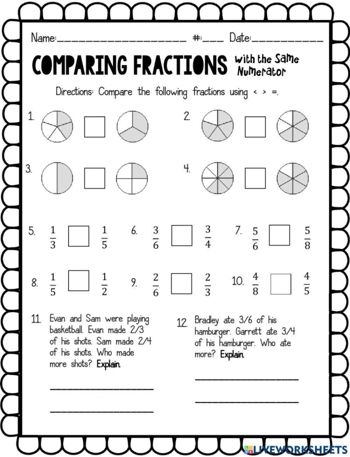 Comparing Fractions Practice Activity for Elementary Students Second grade math worksheet showing fraction comparison exercises with visual models and inequality symbols