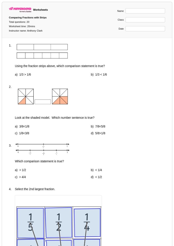 Second grade student practicing comparing fractions using shape-based visual aids on a worksheet