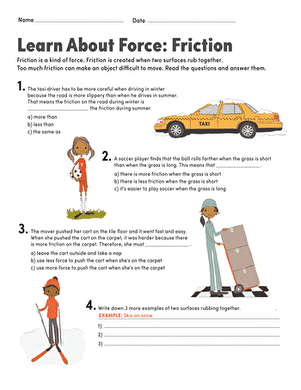 Learn About Force: Friction Worksheet for Data and Graphing Activities Worksheet for second graders exploring the concept of friction through various scenarios