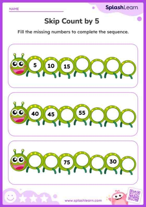 Second grade math worksheet featuring a frog character to practice skip counting by fives